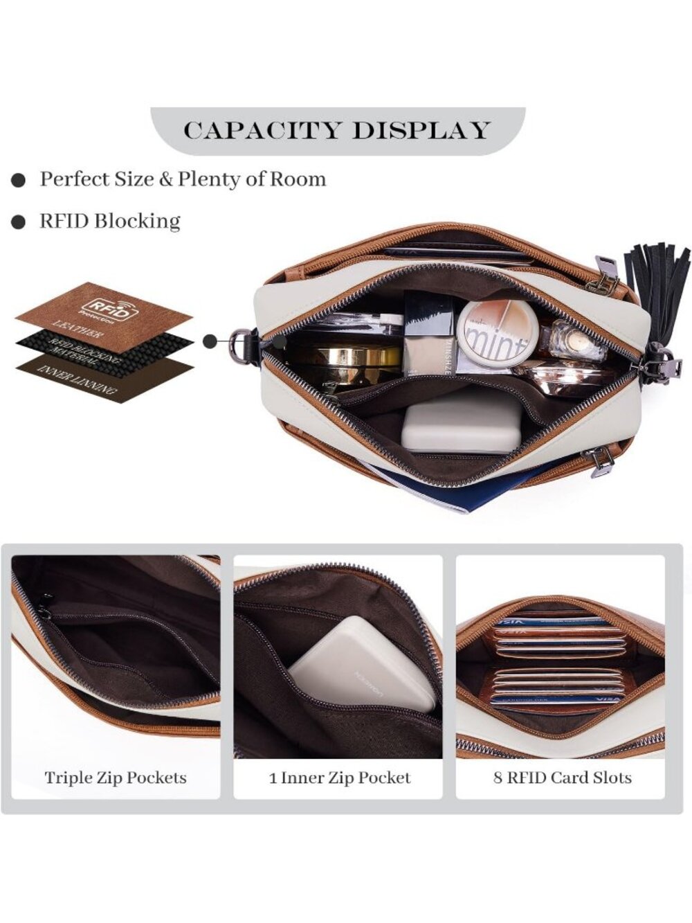 Women's Black/White/Brown Leather Triple Zip Small Crossbody Bag with Card Slot - Picture 3 of 6